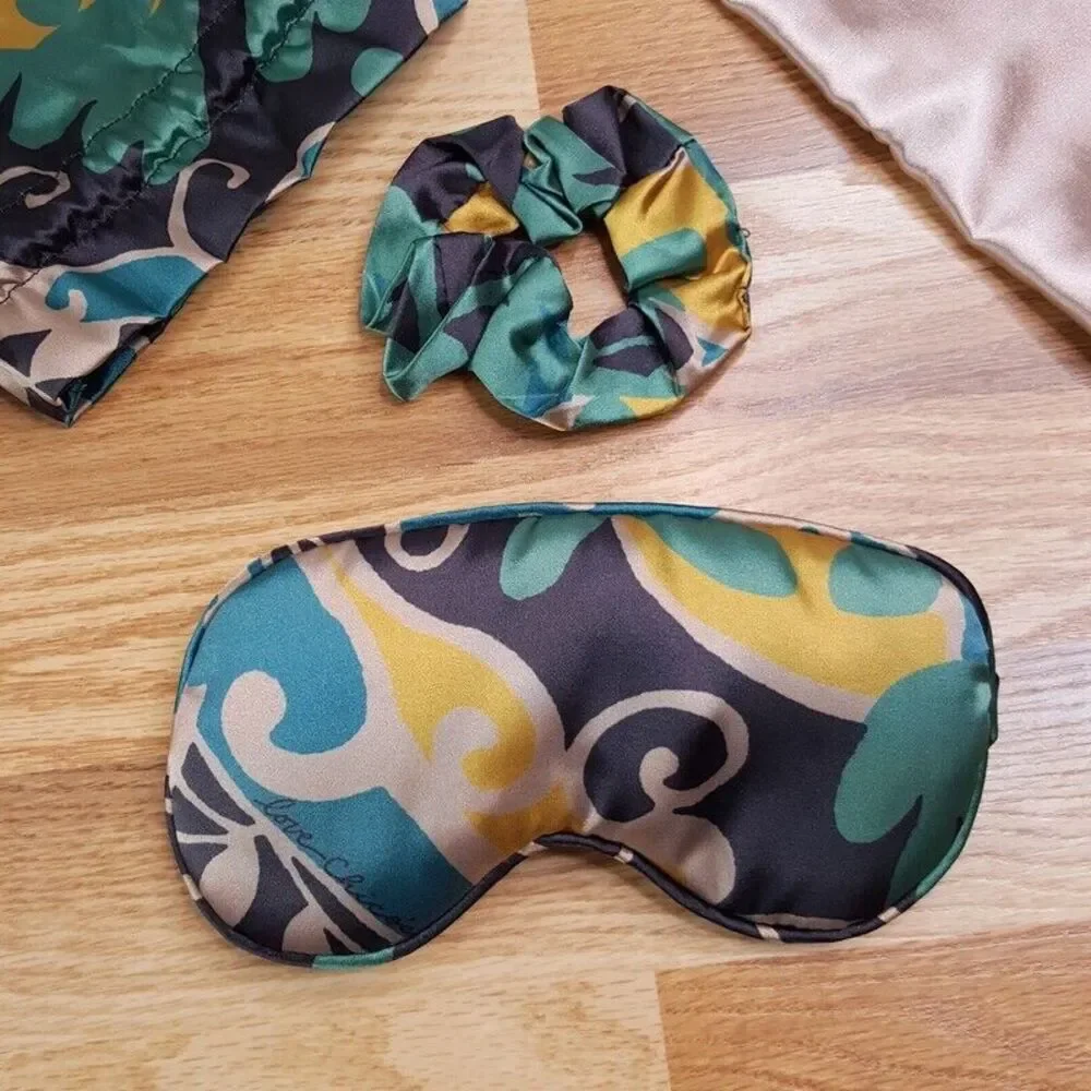 CHICOS Womens Paisley Satin Sleep Set Pillowcase Eye Mask Scrunchie Pouch $39